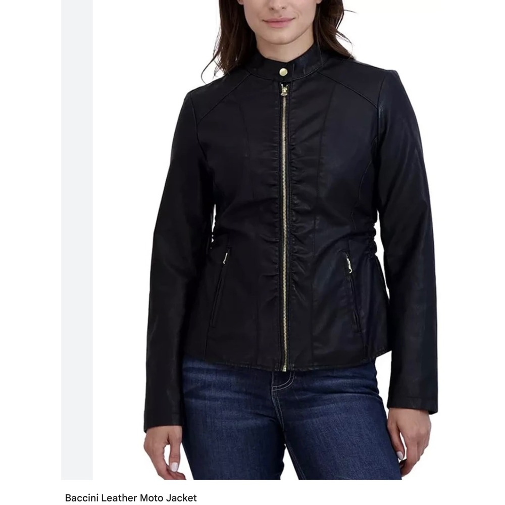 Baccini Black Faux Leather Moto Jacket Snap-Tap Collar Full Length Sleeves ‎ PXL